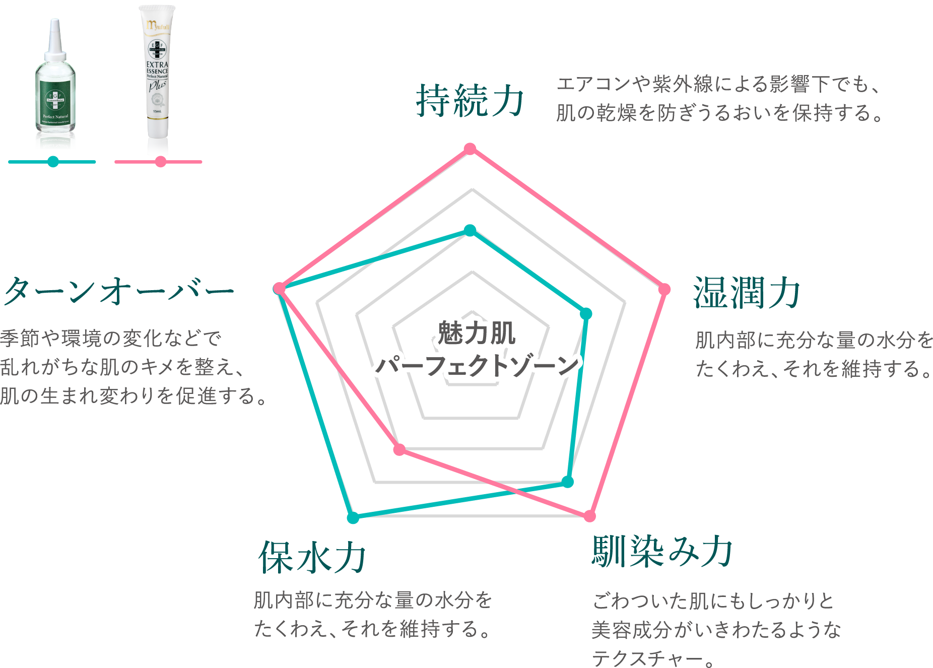 『エクストラエッセンスPN』と『エクストラエッセンスPNプラス』の特性。持続力: エアコンや紫外線による影響下でも、肌の乾燥を防ぎうるおいを保持する。湿潤力: 肌内部に充分な量の水分をたくわえ、それを維持する。馴染み力: ごわついた肌にもしっかりと美容成分がいきわたるようなテクスチャー。保水力: 肌内部に充分な量の水分をたくわえ、それを維持する。ターンオーバー: 季節や環境の変化などで乱れがちな肌のキメを整え、肌の生まれ変わりを促進する。