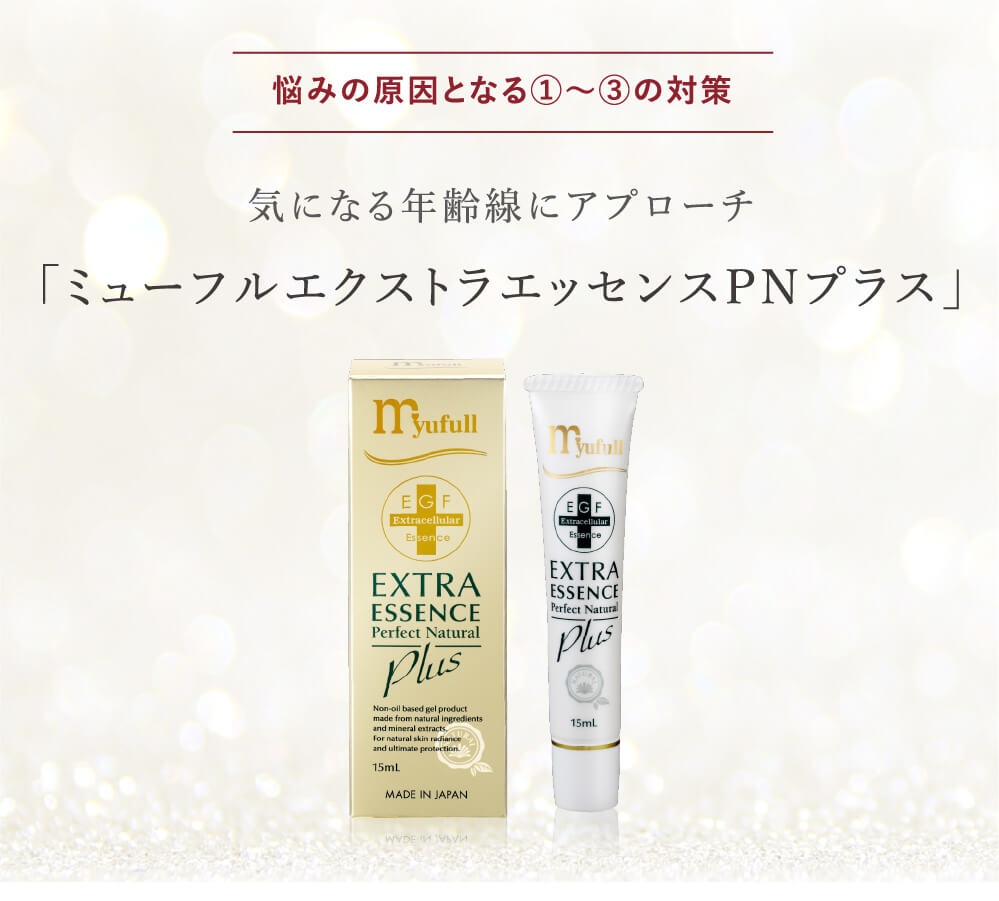 悩みの原因となる①～③の対策。気になる年齢線にアプローチ。「ミューフルエクストラエッセンスPNプラス」