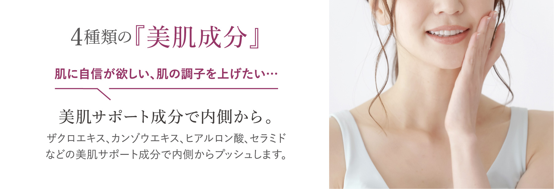 4種類の『美肌成分』肌に自信が欲しい、肌の調子を上げたい。美肌サポート成分で内側から。ザクロエキス、カンゾウエキス、ヒアルロン酸、セラミドなどの美肌サポート成分で内側からプッシュします。